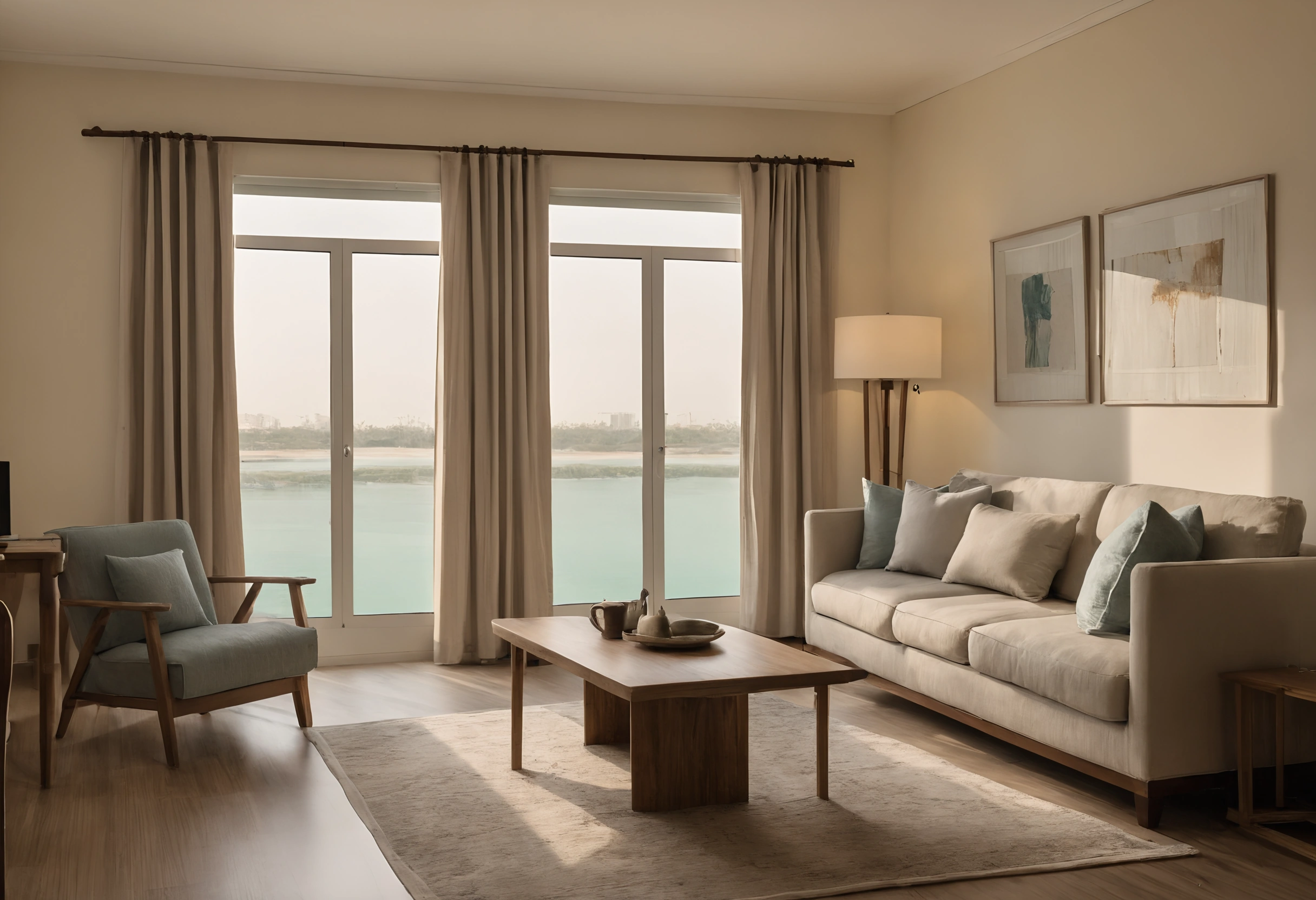 Furnished Sharjah apartment living room with a beige sofa, grey armchair, timber coffee table and full-height windows over the lagoon