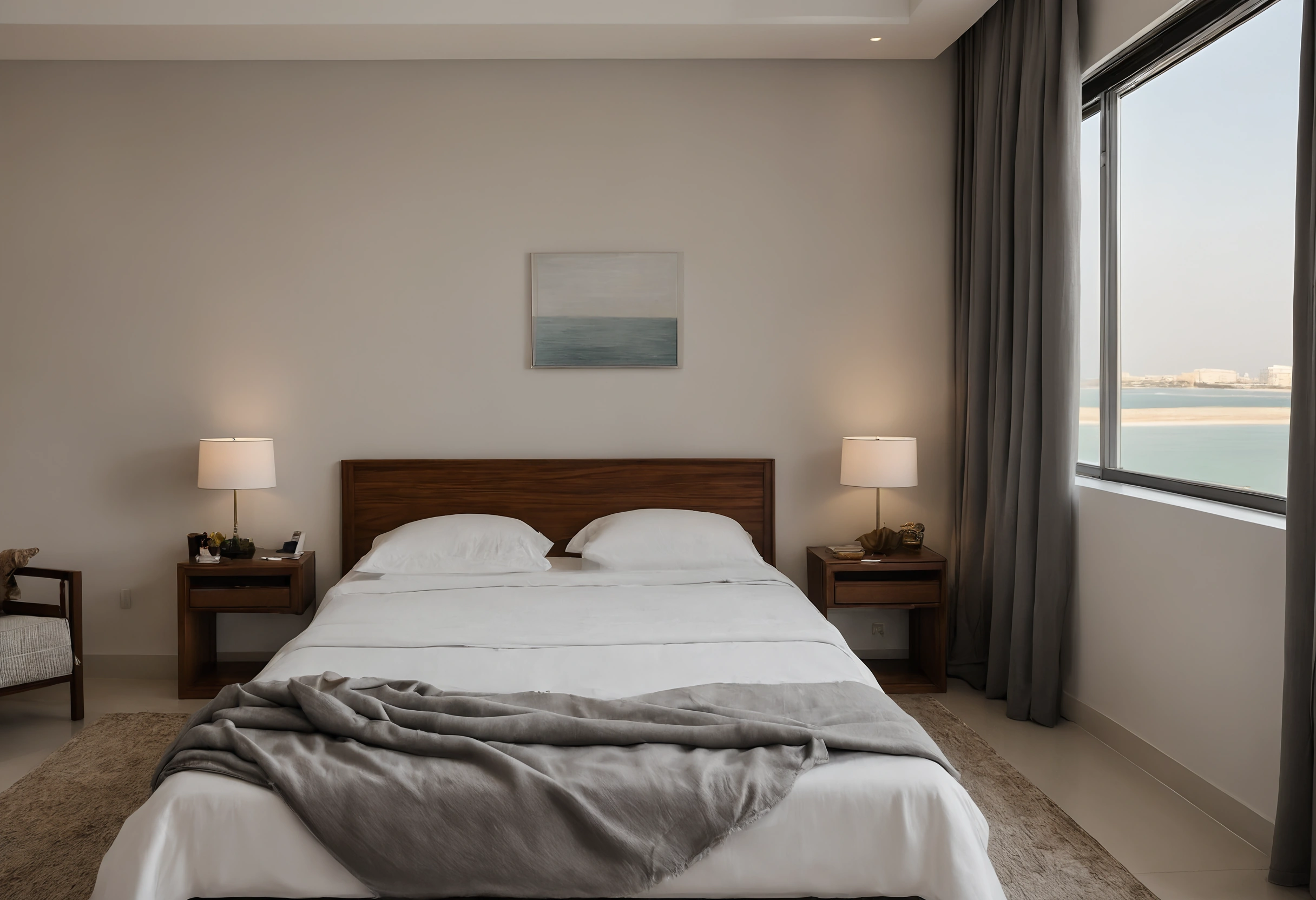 Furnished Sharjah apartment bedroom with a walnut headboard, two bedside lamps, grey curtains and a window over the water